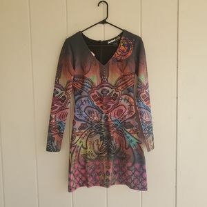Desigual Colorful Geometric Print Knit Sheath Dress Size S Long Sleeve F…